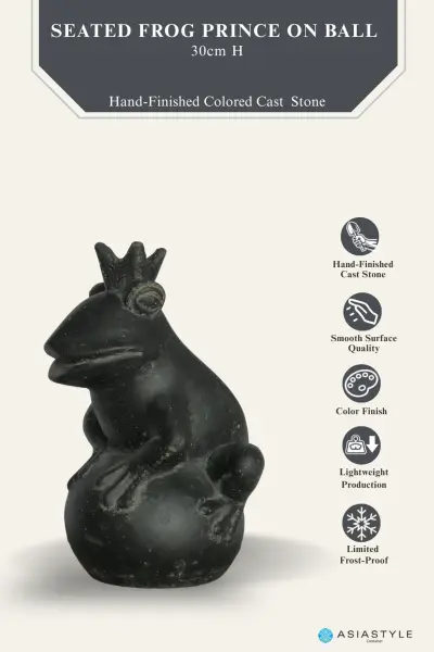 Product image of the product “Frog Prince sitting on ball, approx. 30cm height, cast stone, hollow, handcrafted & coloured ”